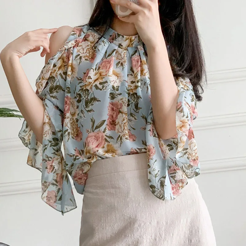 New Top Strapless Women Blouse O-Neck Print Chiffon Blouse Shirt Women Tops Blouses Shirts Blusas Para Mujer Camisas 2024 M123