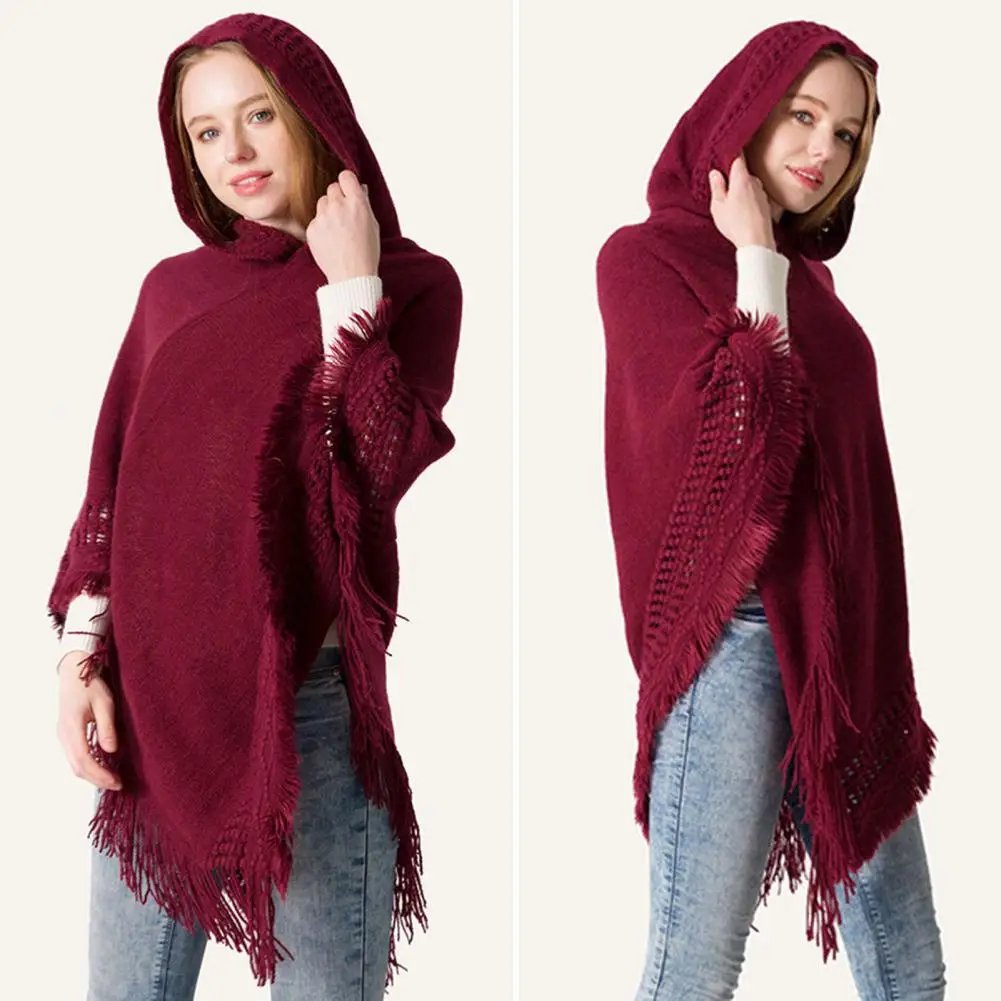 

Women Autumn Cape Tassel Loose Knitting Solid Color Irregular Hem Warm Hooded Bohemia Fringed Lady Cloak Shawl Scarf for Work