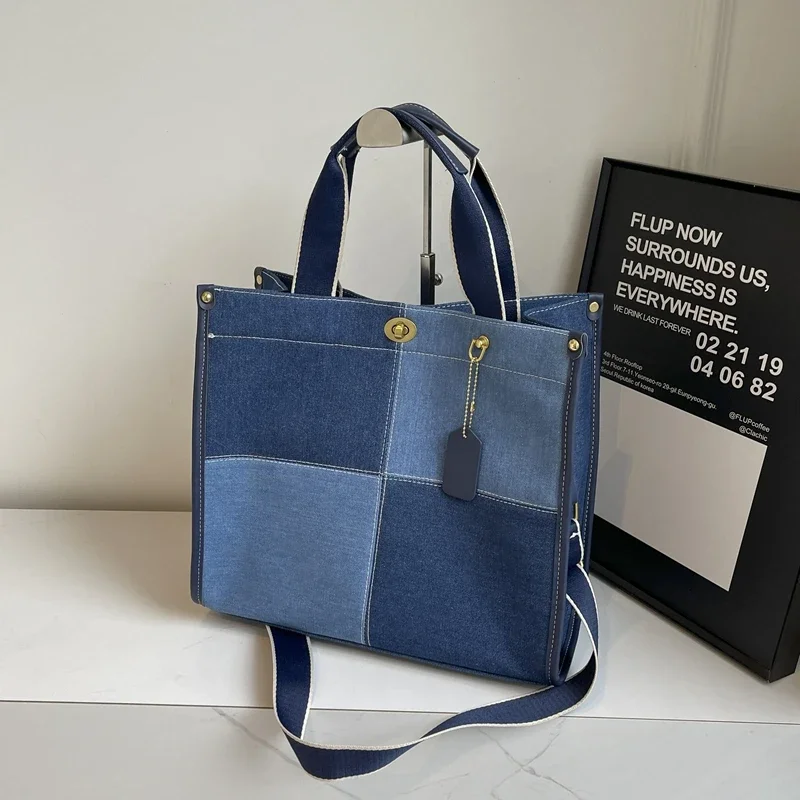 Fashion Colorblock Denim Handbag Car Stitching Large Capacity Casual Tote All-match Crossbody Bag 2024 Hot Sale Bags for Women