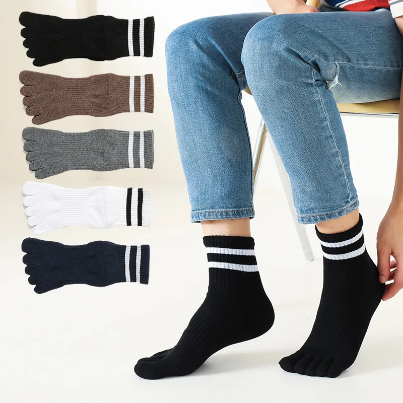 5 Pairs Man Toe Sport Socks Striped Compression Thick Cotton Deodorant Simple Solid Soft Elastic 5 Finger Short Socks 4 Seasons