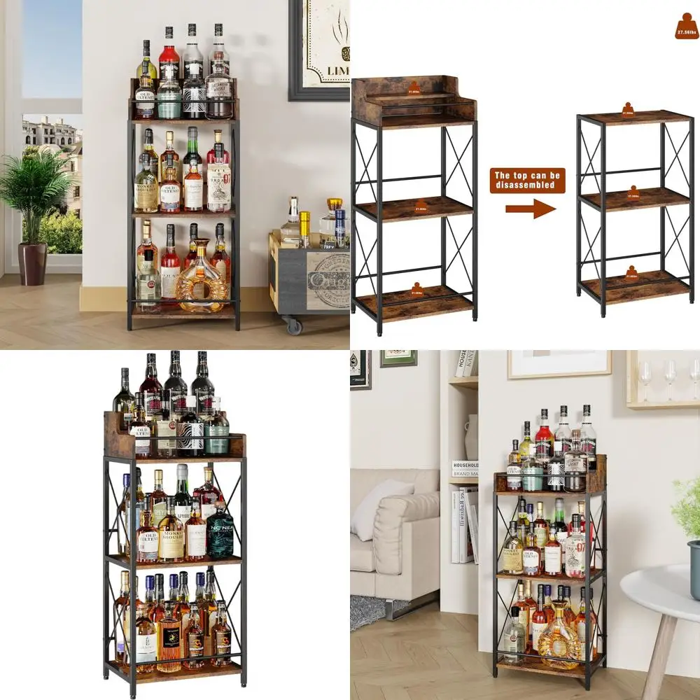 

Brown Wooden Liquor Shelf, Coffee Syrup Holder, 3-Tier Wine Rack, Compact Mini Bar Stand for Whiskey and Spirits.