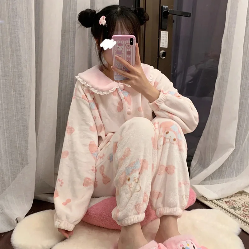 2023 New Autumn/winter Cartoon Ladies Pajamas Sanrio Anime Melody Girl Pink Plush Can Love Couple Set Home Wear