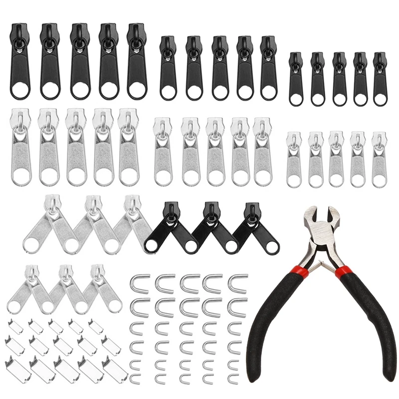 85Pcs Zipper Repair Kit Zip Slider Rescue Universal Zippers Replacement Jacket Clothes Bag Tent Fix Plier Sewing Needlework Tool