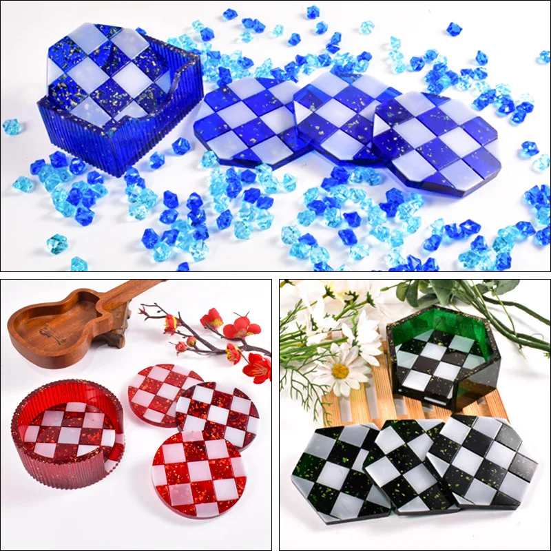 5 Piece Set DIY Circular Coaster Mold Epoxy Resin Molds Hexahedron Octagon Coaster Silicone Mold Checkerboard Grid Cup Mat Molds