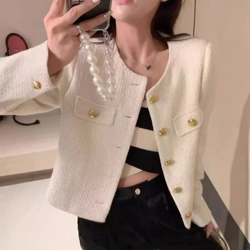 

French Wool Tweed Coat Fashion High-end Gold Button Short Slim Temperament Spring and Autumn Korean Coats Women Jacket New