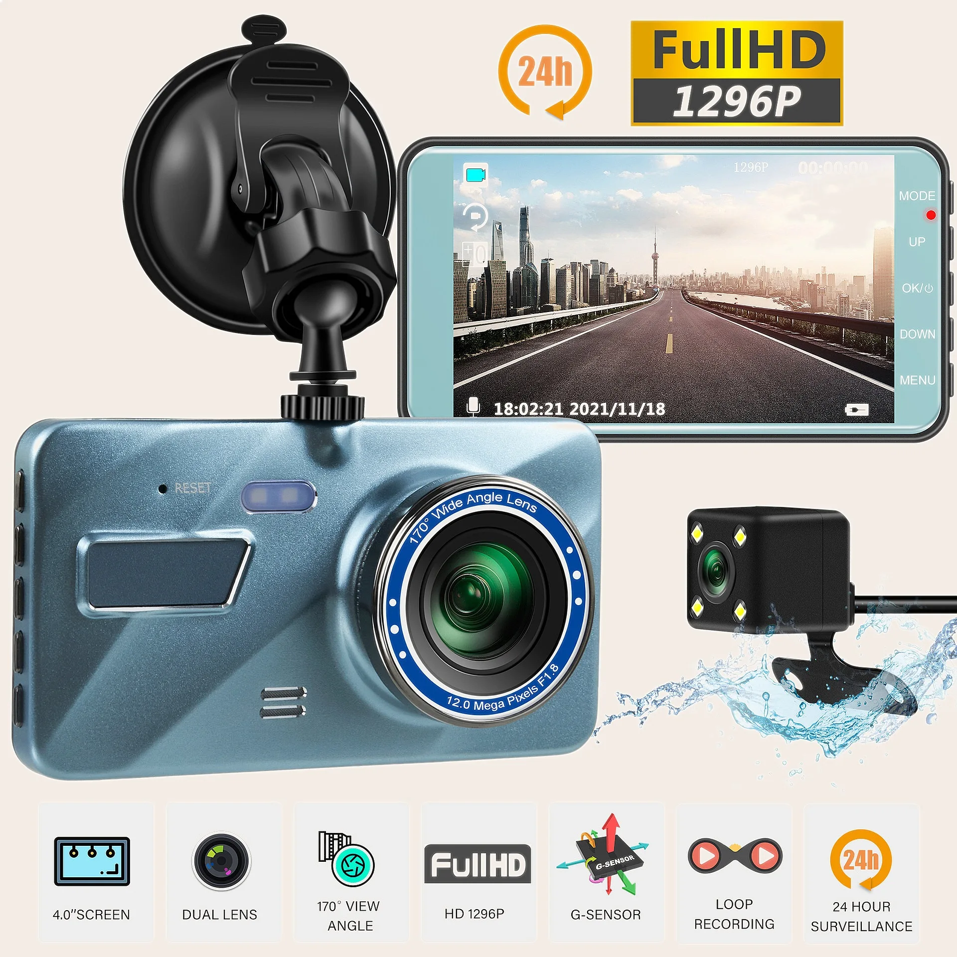 4インチ新型亜鉛合金製デュアルレンズドライブレコーダー-1080p-多言語対応-ホットセール