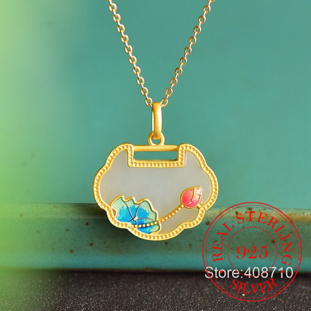 925 Sterling Silver Jewelry 18K Gold Plated Natural Jade Lotus Necklace Pendant for Women Wedding Party Jewelry For Friend Gift