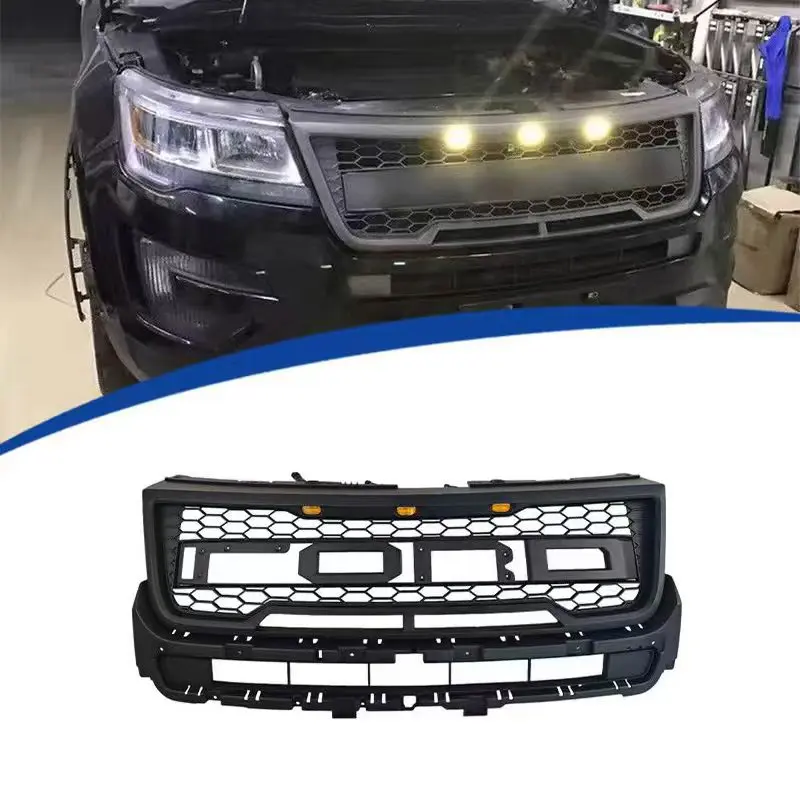 Raptor Style Front Bumper Grille for Explorer 2016-2018 Black Mesh Grill with Amber Marker Lights Direct Fit with letters