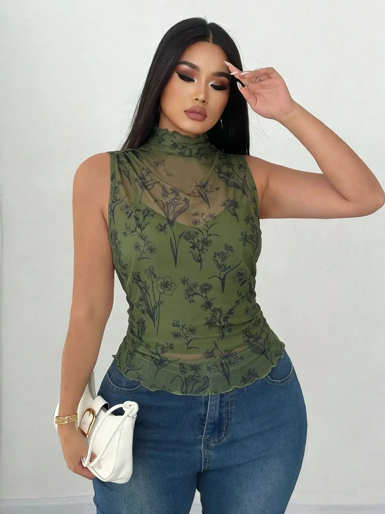 Sleeveless Women See Through Tank Top Skinny Fit Stretch Fabric Blossom Print Top Summer Stand Collar Sleeveless Top Women Shirt