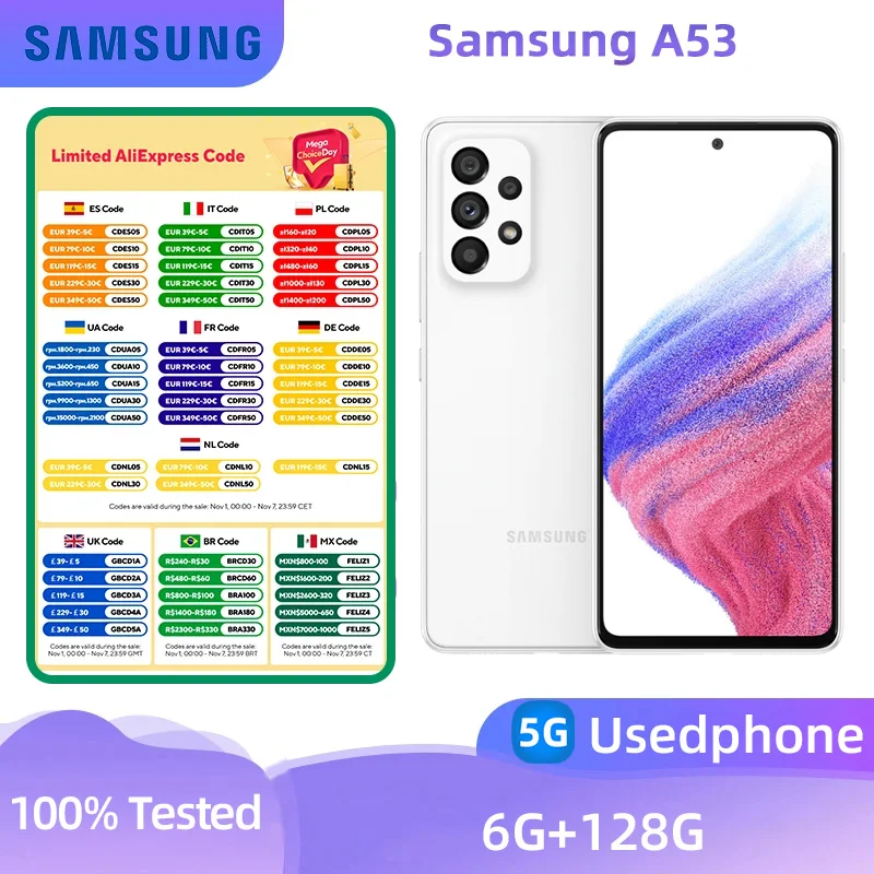 Samsung  Galaxy A53 5G  SmartPhone  CPU  Samsung Exynos 1280  6.5inch 5000mAh  64MP Cameras  Android  Used Phone