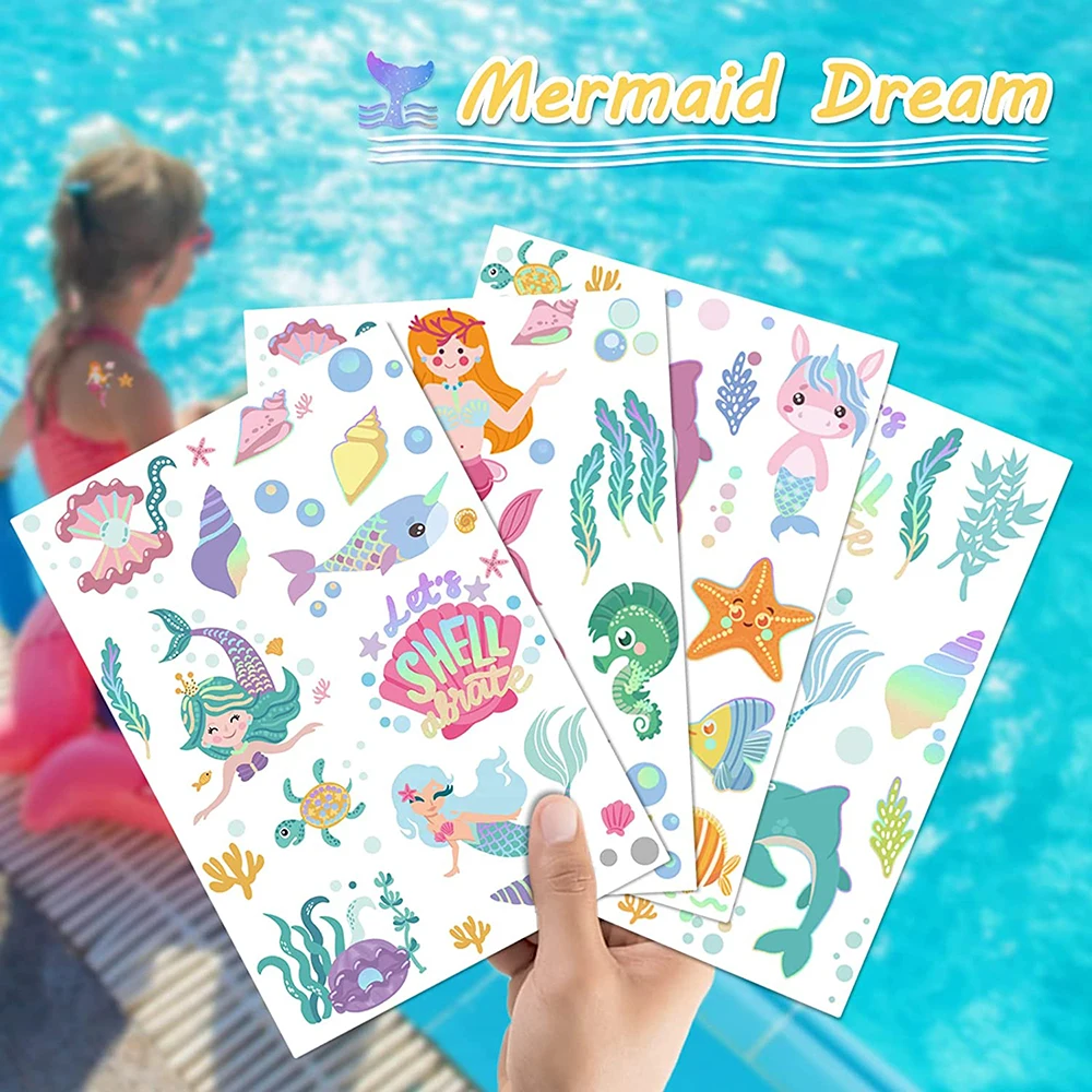 Little Mermaid Tattoo Adesivos para crianças, Cute Cartoon Mermaid, Princess Birthday Party Decor para crianças, rosto, braço, corpo, favores de maquiagem