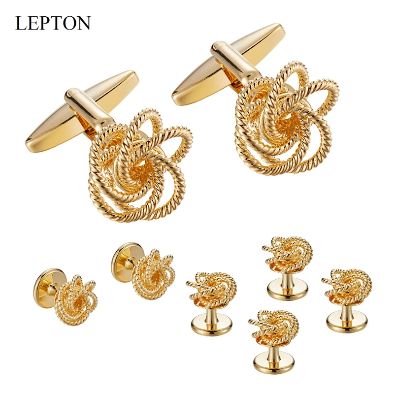 

Low-key Luxury Metal Knots Cufflinks Tuxedo Studs Sets Lepton 14K Gold Color Plating Cuff links Collar Studs Cufflink For Mens