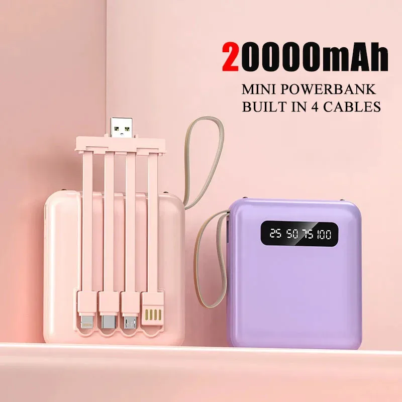 

Мини-Power Bank 20000 мАч, быстрая зарядка с 4 кабелями, портативное внешнее зарядное устройство для iPhone, Samsung, Xiaomi, Huawei, повербанк