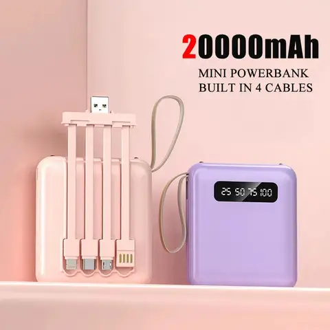 미니 보조베터리 20000mAh 4 케이블로 고속 충전 iPhone 용 휴대용 외장 배터리 충전기 Samsung Xiaomi Huawei Poverbank