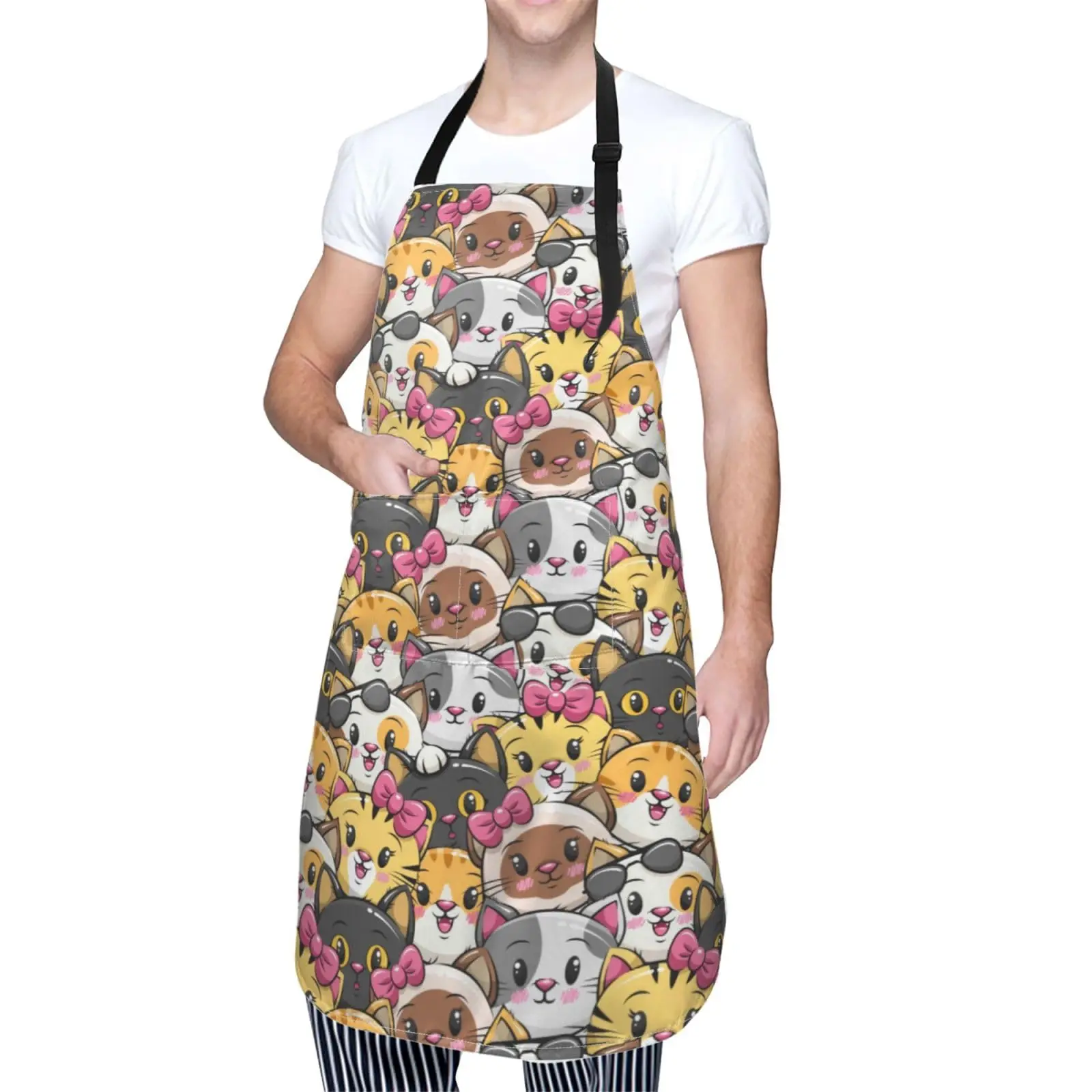 

Cute Cat Cartoon Print Apron With Pockets Kitchen Bib Waterproof Resistant Women Men Unisex Adjustable