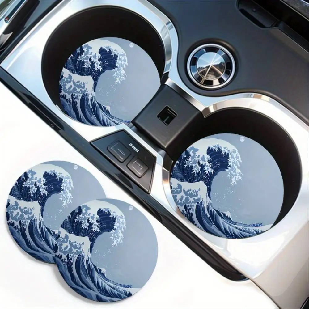 Wave Pattern Absorbent Car Coasters Non-Slip Rubber Cup Holder Inserts Oceanic Design Car Interior Accessories