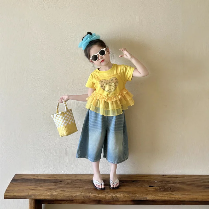 

Girls Suit2025Summer New Cute Children's StylektCat Short Sleeve Camisole Two-Piece Set with Denim Capri Pants
