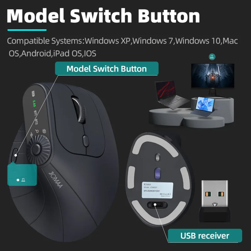 Multi-Device Vertical Ergonomic Mouse With Function Adjustment Kno Rechargeable 2.4G Bluetooth Wireless Mouse for PC Tablet