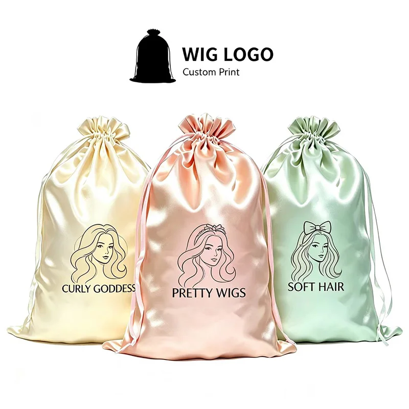 Soft Satin Wig Storage Drawstring Bag 25×35cm Custom Logo, Dustproof Silk Pouch for Wigs & Hair Extensions, Travel Home Salon Or