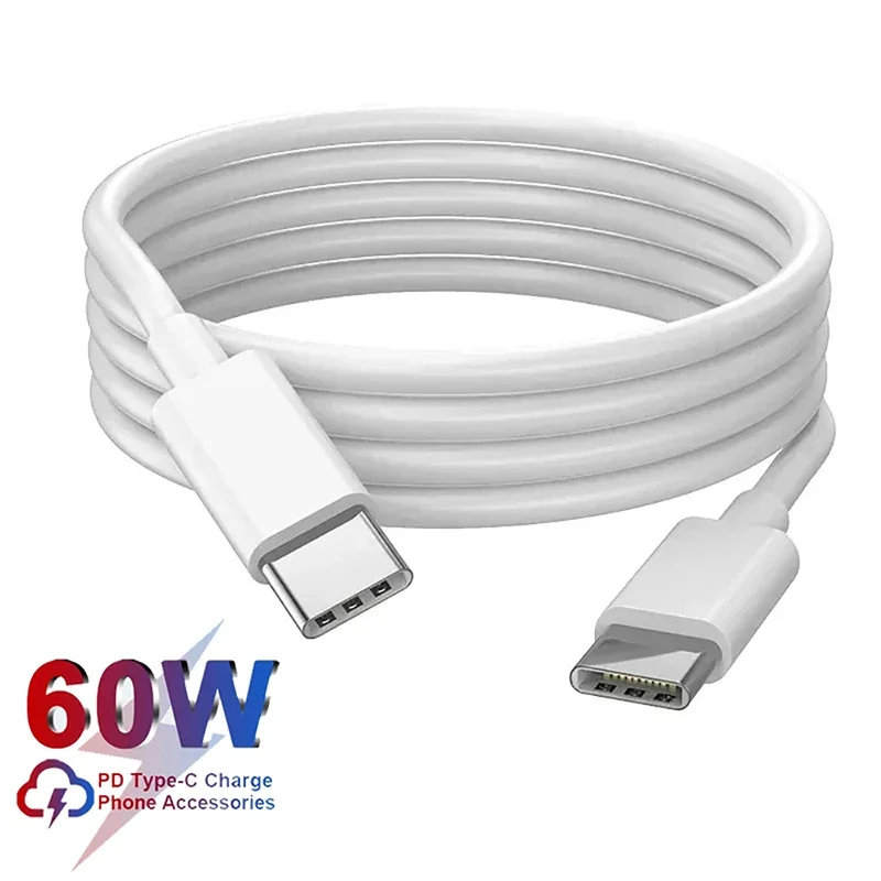 60W PD USB‑C to USB‑C Fast Charge Cable Durable White Type‑C Charging & Data Transfer Cord For Samsung Macbook Huawei Xiaomi