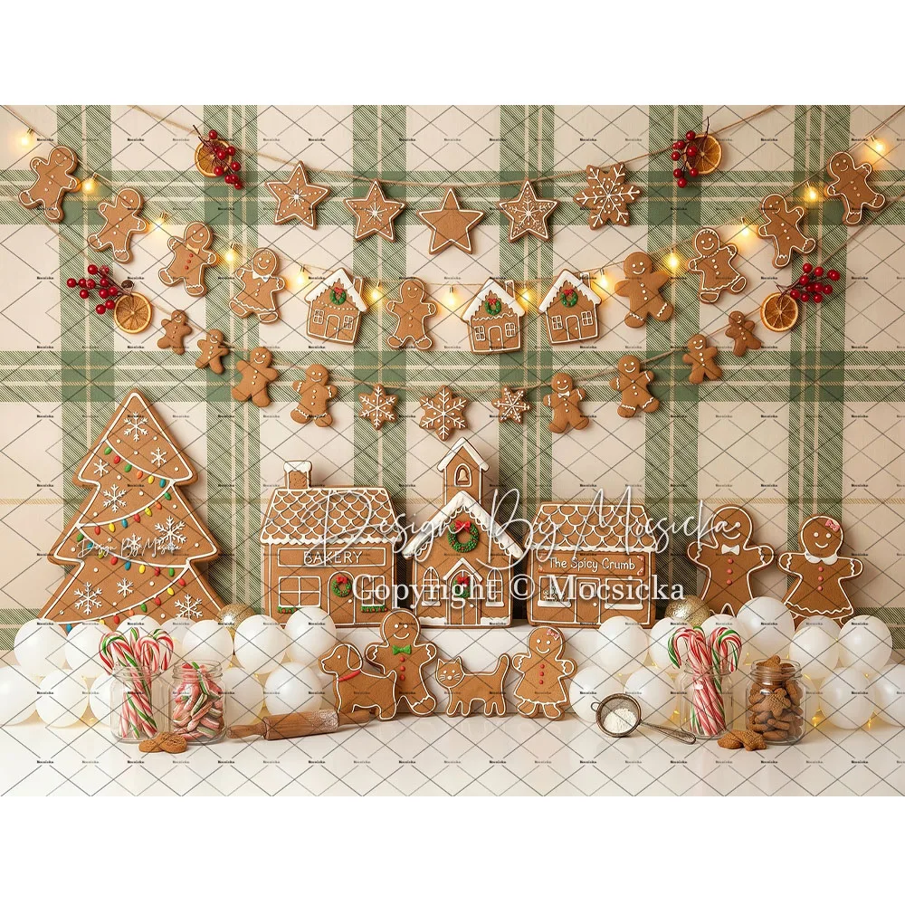 Mocsicka Gingerbread House Backdrop Photography Plaid Wall Cookie Man Balloon Lights Christmas Background Winter Kid Photobooth