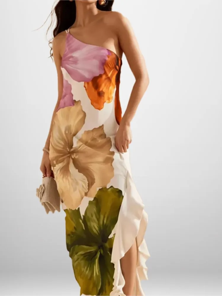 

Spring Fashion Comfortable Casual Dress Women's Elegant Temperament Slim Sleeveless One-shoulder Suspender Printed Long Skirt