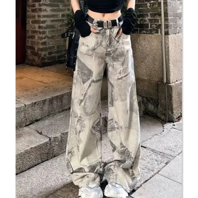 High Street Fashion Personality Retro Printed Thin Jeans for Women High Waist Slimming Tie Dye Micro Pull Pants