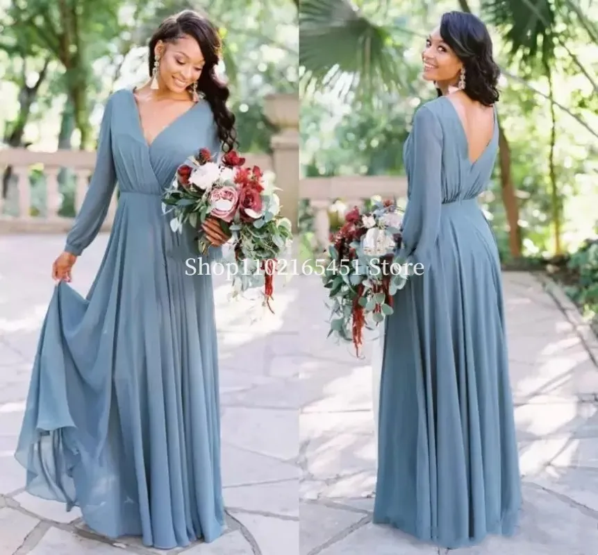 

Dusty Blue Country Long Bridesmaid Dresses with Long Sleeve Retro Chiffon Full length Bohemian Wedding Guest Party Dress