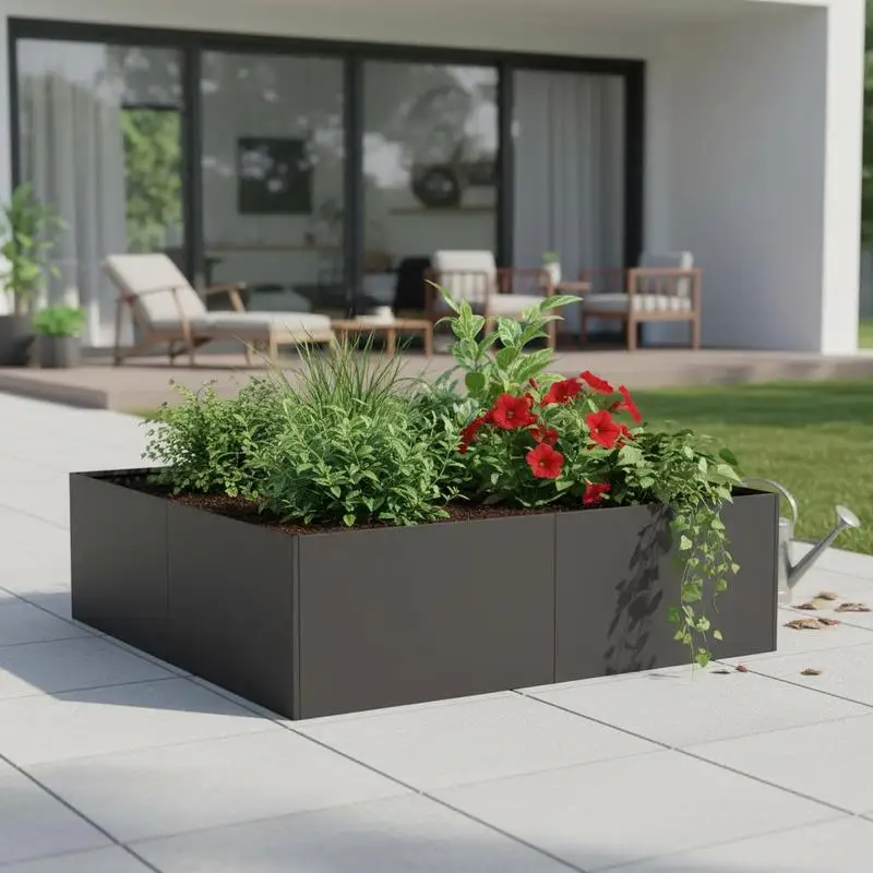 Jardinière surélevée en acier 98x100x30 cm / Bac de plantation. Ce pot à plantes moderne est fabriqué en acier, ce qui le rend robuste et durable. Il convient à la plantation de fleurs, de légumes et de coriandre sur votre patio ou votre balcon.