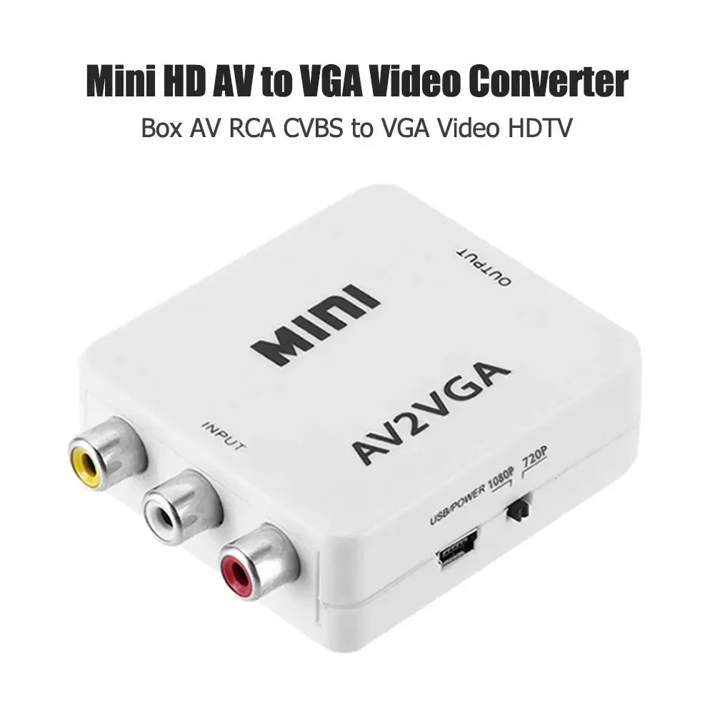 Mini HD AV2VGA Video Digital Converter Box with 3.5mm Audio AV RCA CVBS to VGA Video HDTV Adapter Conversor Box with USB Cable