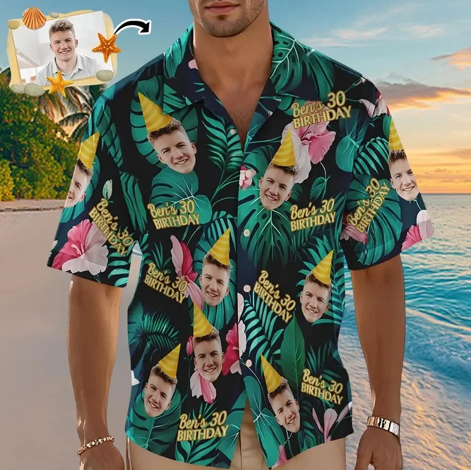 Custom Happy Birthday Photo Hawaiian Shirt Men Clothing Beach Shirts Button Down Short Sleeves Diy Ages Face Tropical Blouses