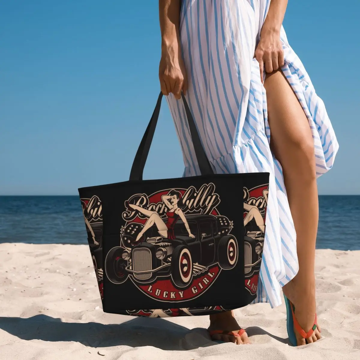 Rockabilly Hot Rod Pin Up Beach Tote Bag Sport Gym Yoga Duffle Large Tote Bag Women Travel Bag Fitness bag