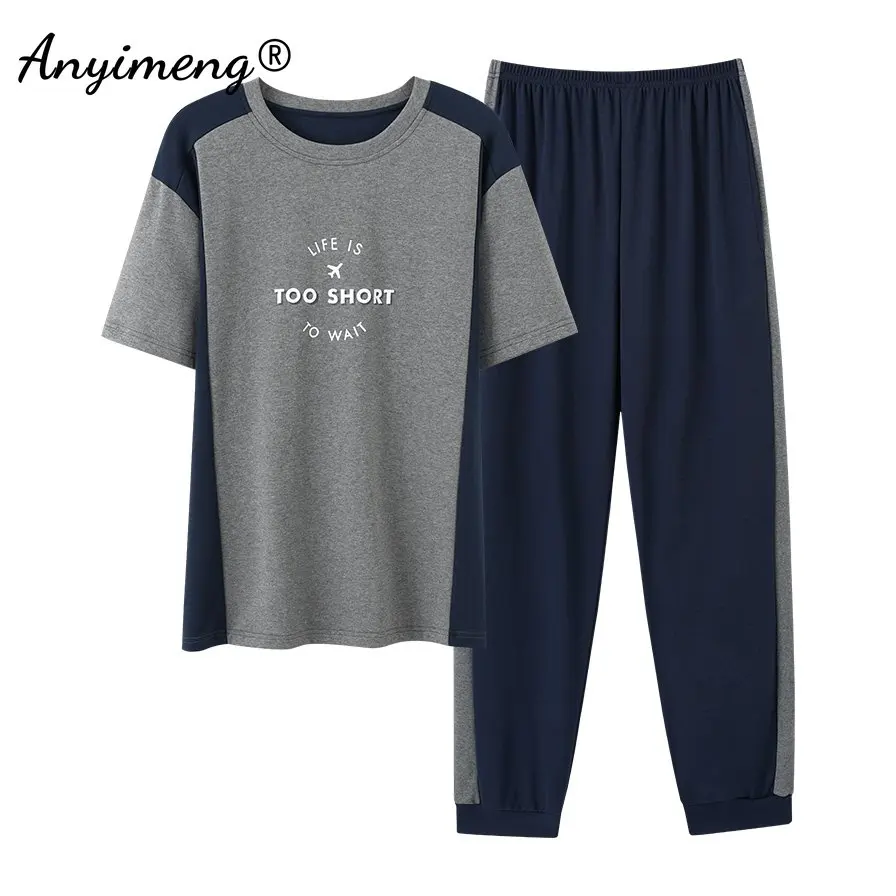 Plus Size Herren-Pyjama-Set aus Baumwolle, Sommer, neue Loungewear für Jungen, Freizeit-Pyjama, sportliche Nachtwäsche, minimalistischer Stil, Pyjama für Herren