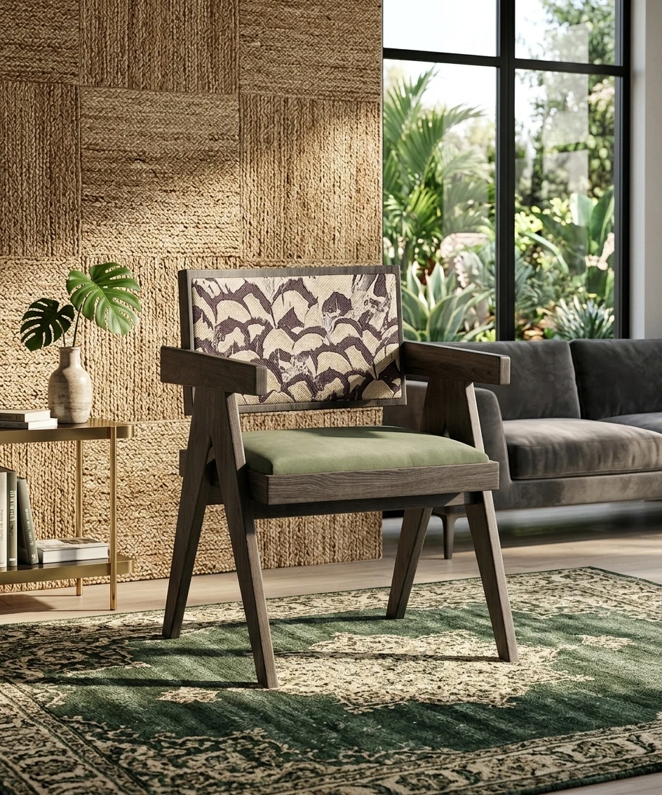 [US Stock] Mid-Century Modern Solid Wood Armchair, Upholstered Pattern Back Accent Chair, Padded Seat Dining Desk Chair for Livi