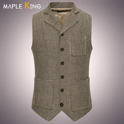 Men Suit Vest 2024 Fashion Korean  Multiple Pockets Herringbone Tweed Mens Waistcoat Formal Business Slim Fit Sleeveless Jacket