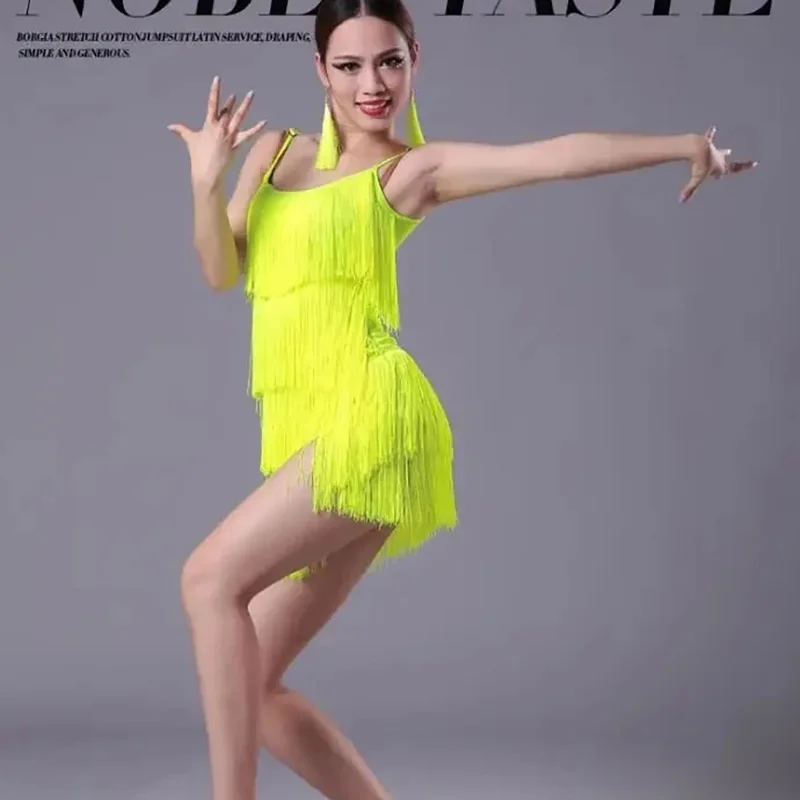 Robe de danse latine pour femmes, robe à franges Sexy, Costume professionnel de spectacle sur scène cha-cha, Costumes d'entraînement pour enfants et adultes