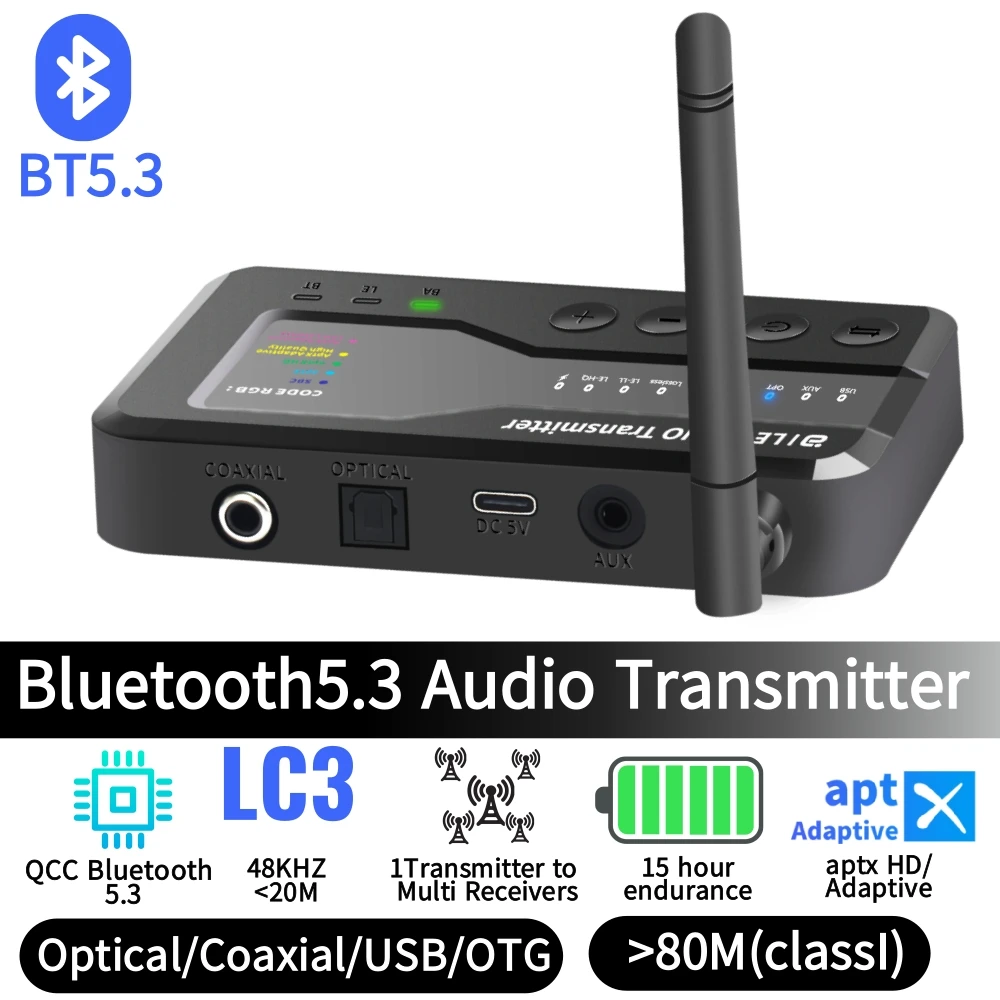 Bluetooth 5.3 Audiosender 80 m Entfernung aptX Adaptive/HD LC3 Wireless Broadcast 1 bis N Empfänger