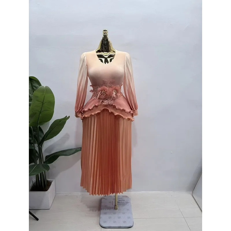 New Women's Long Sleeved Printed Gradient Birthday Dress Miyake Pleated Loose Casual Floral Plus Size Stretchy Woman Clothing
