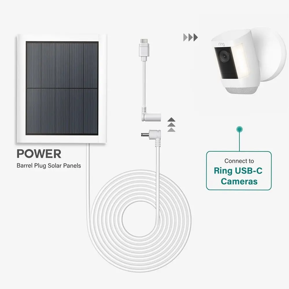 DC to Type-C Solar Panel Adapter Barrel Plug to USB-C Weatherproof Cameras Adapter Durable USB-C Adapter for Ring Solar Panel