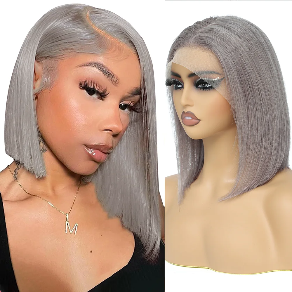 Grey Short Bob Wig Human Hair HD Lace Front Wigs Straight Ombre Honey Blonde Red Pink Silver 13X4 Cut Lace Frontal Wig