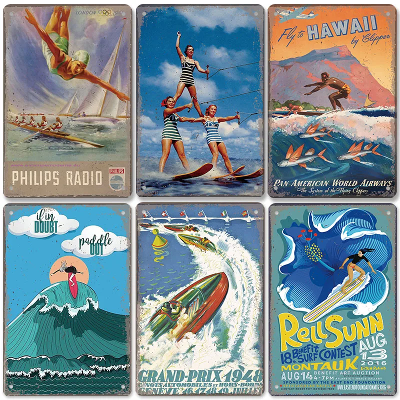 Vintage Surfing Plaques Metal Tin Signs Surfboard Beach Girls Waves Retro Metal Plate Wall Decor Surfing Club Living Room Home