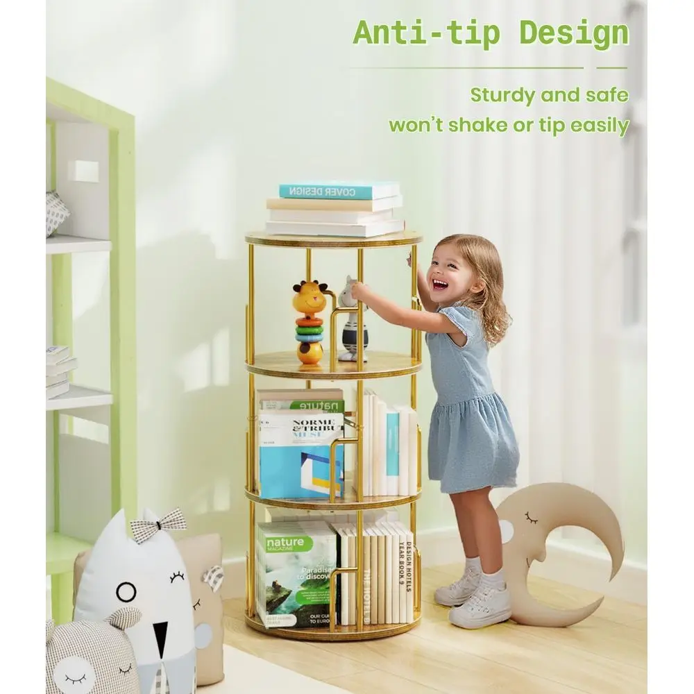 Gold 37 3-Tier Rotating Bookshelf Tower - Floor Standing, Anti-Tip Design, Metal & Wood, Space-Saving for Small Spaces, Ideal fo