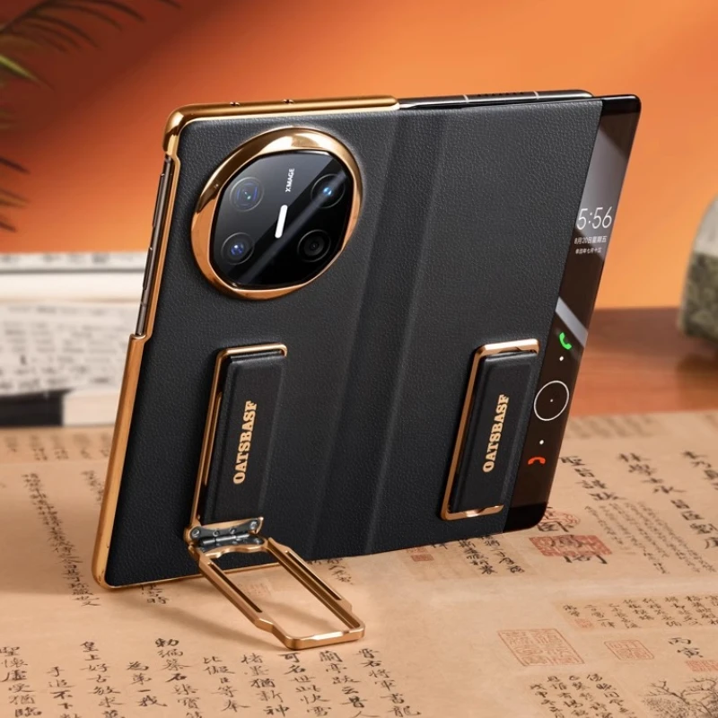 Oatsbasf Dual Strap Leather Phone Case for Huawei Mate X6 with Stand 360° Rotatable Smart View Window Slim Bumper Full Covers