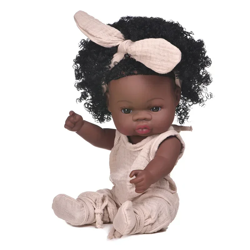 35cm Black Enamel Doll Reborn Doll Soft Rubber Simulation Baby African Doll Doll Children\'s Shower Toy Toys for Girls