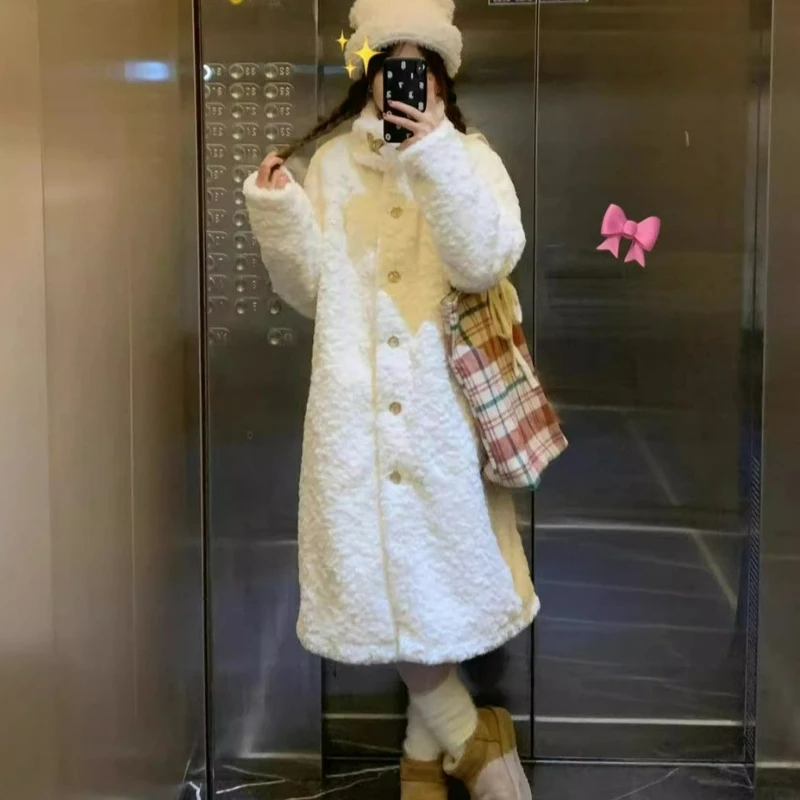 

White Single-breasted Woolen Coat for Women Autumn/winter New Style Thickened Versatile Rabbit Fur Loose Stand-up Collar Jacket