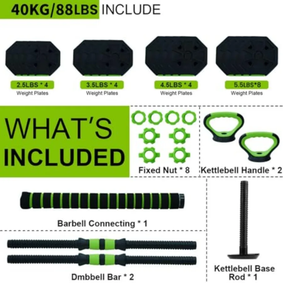 Adjustable Dumbbell Set, 44/66/88 Lbs Free Weight Dumbbells Set, 4 in 1 Dumbbells Set Used As a Kettlebell, Barbell, Push Up St