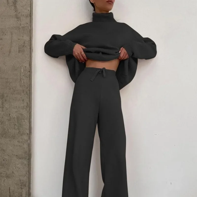 2023 Autumn and Winter Women's Pullover Turtleneck Lace Up Patchwork Solid Color Fashion Casual Elegant Long Sleeve Pants Suit