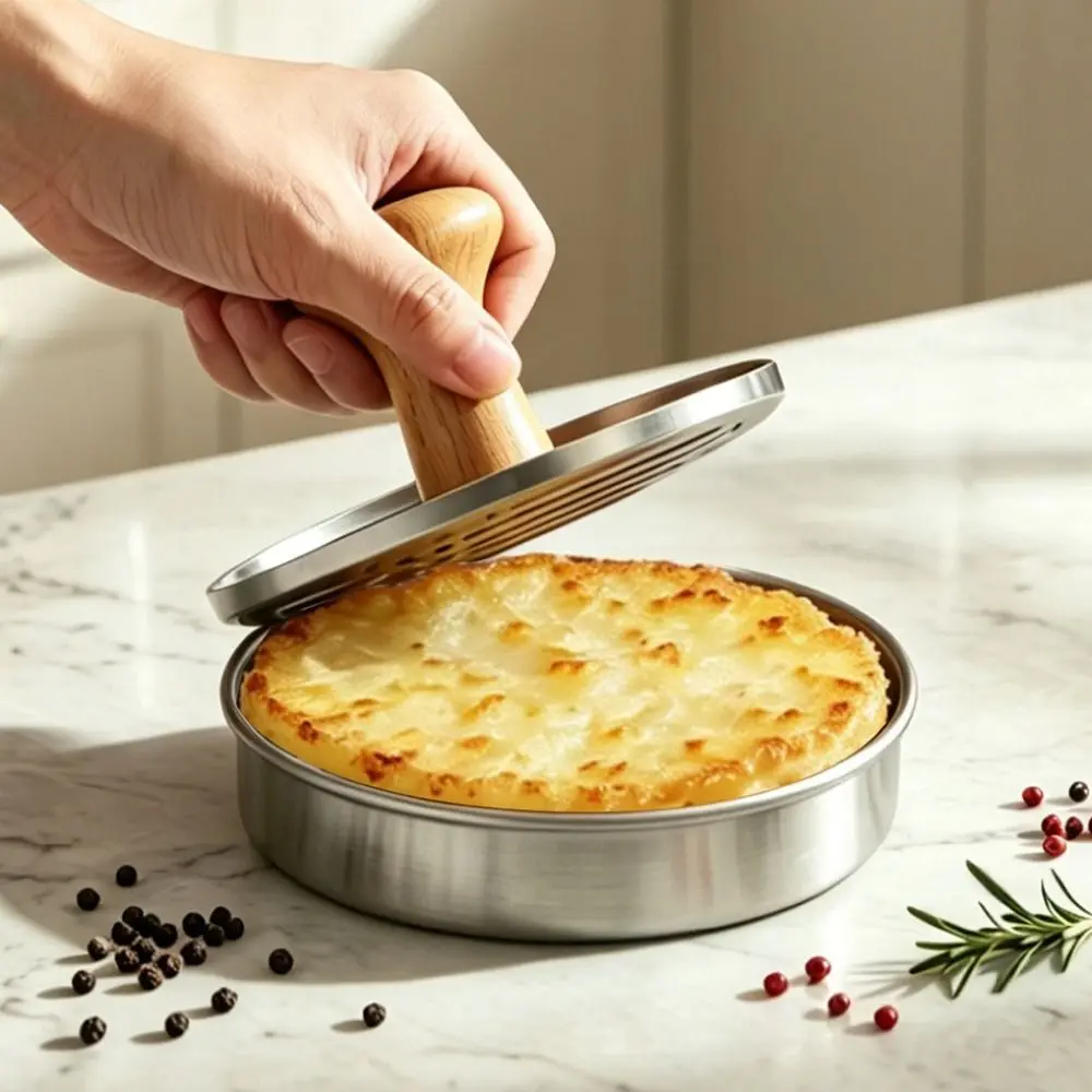 

Round Hamburger Patty Maker Non-Stick Anti-rust Manual Meat Pie Press Mold Professional Wooden Handle
