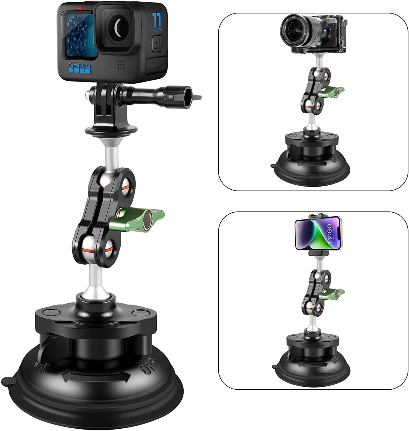 REYGEAK Heavy Duty Suction Cup Mount with 360° Ballhead Magic Arm Double Ball Head Adapter for GoPro Insta360 DSLR Cameras