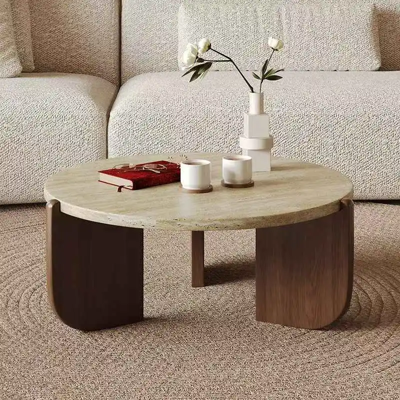 Modern Round Marble Coffee Table Travertine for Living Room Home Furniture